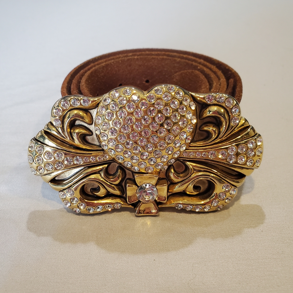 Gold Crystal Heart Buckle Brown Suede Belt